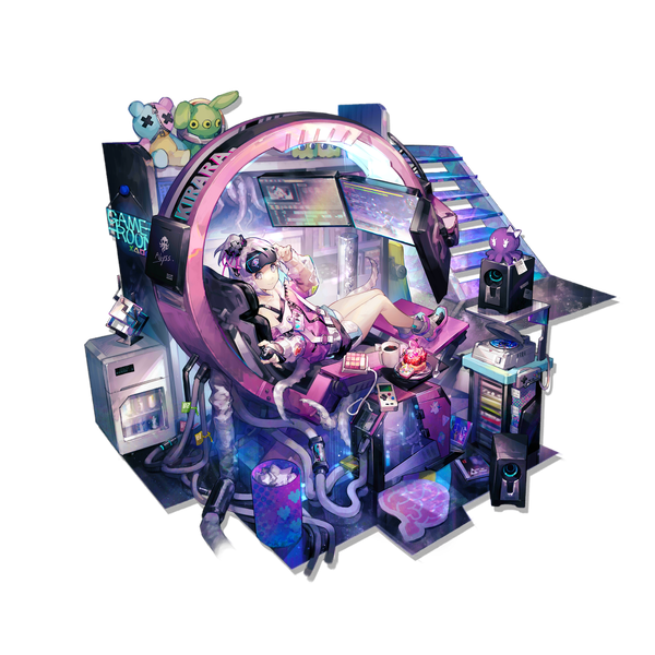 Pink squid girl on her hi-tech gaming chair with monitors above her and plushies on an arcade cabinet near her.