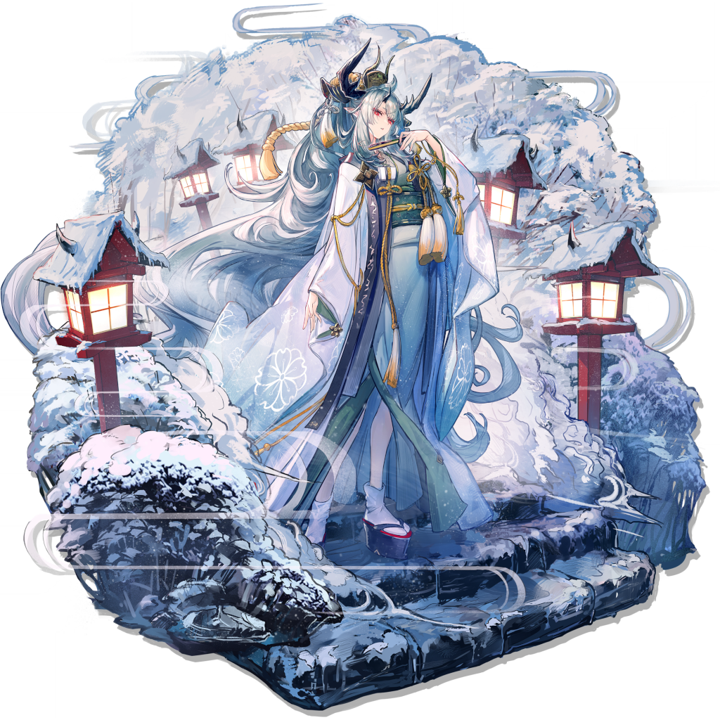 A white-haired horn woman stands majestically whle wearing a kimono against a more Japanese-influenced wintery background.